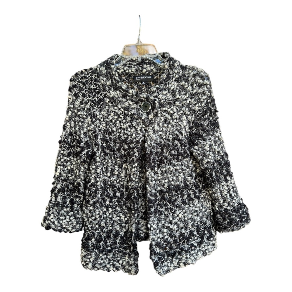 Jones New York Women’s Single Button Closure Blk/White Marled Knit Cardigan SZ S